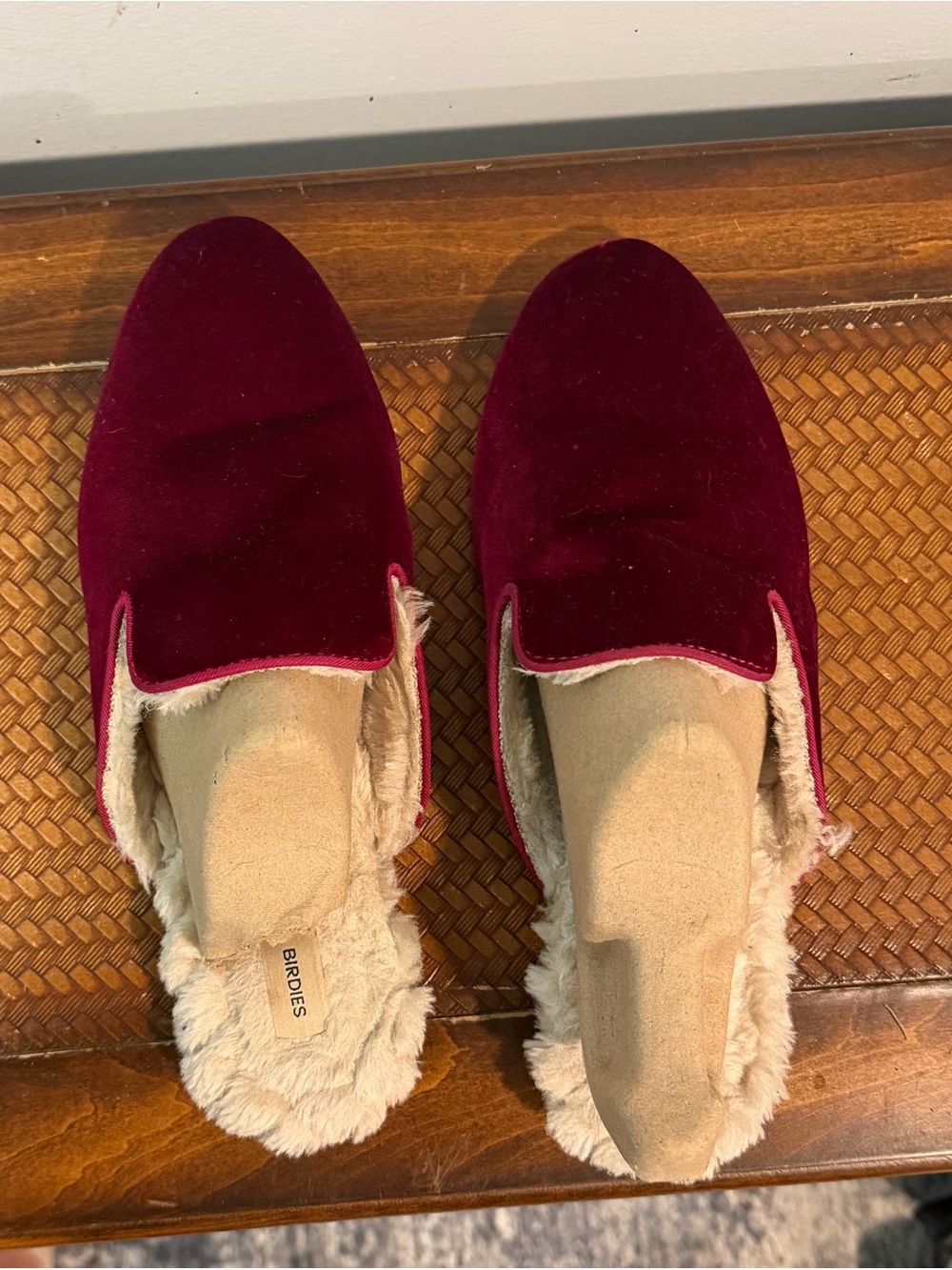 Birdies Burgundy Velvet Fur-Lined Slip-Ons